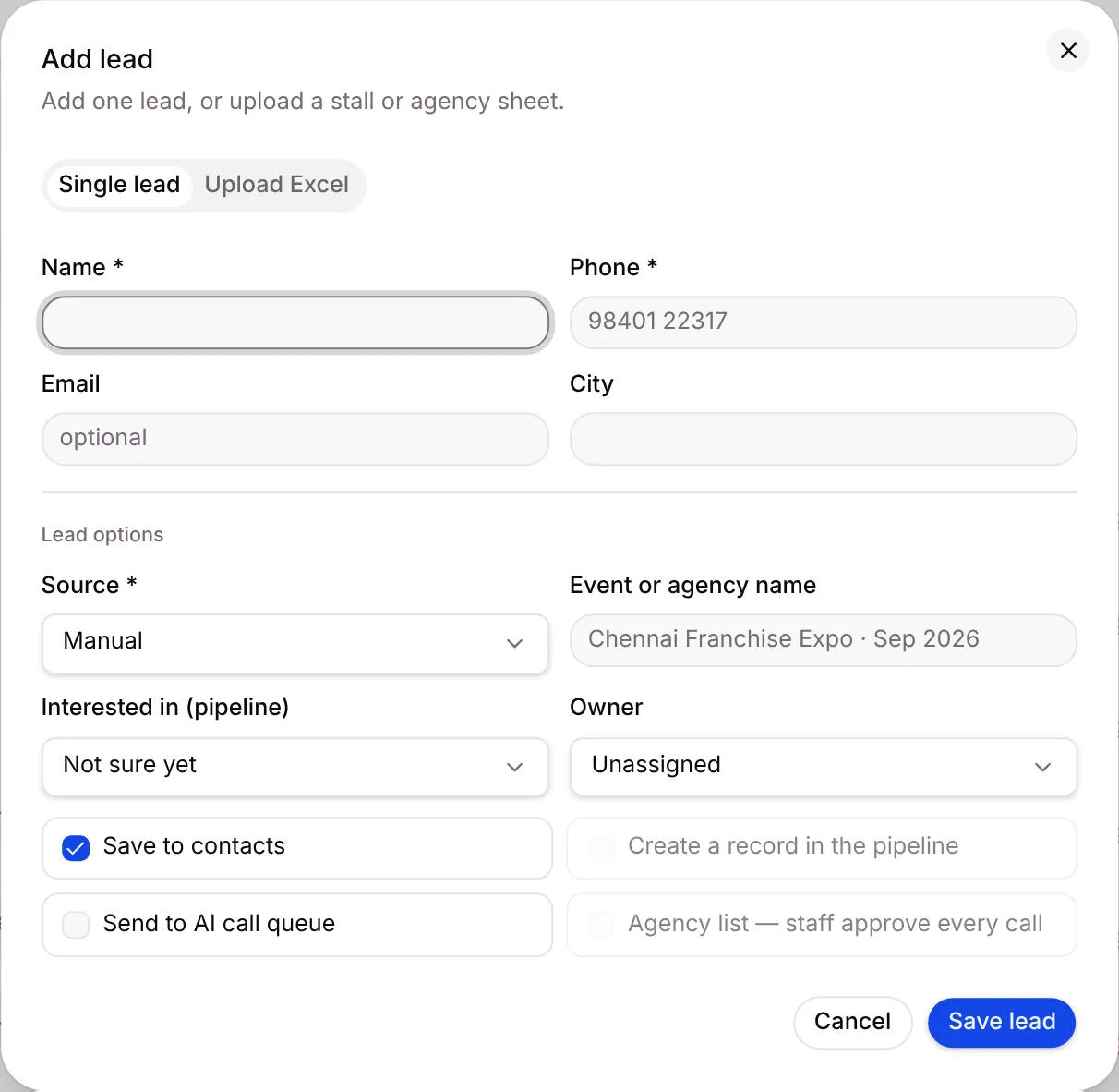 The Add lead dialog on the Single lead tab