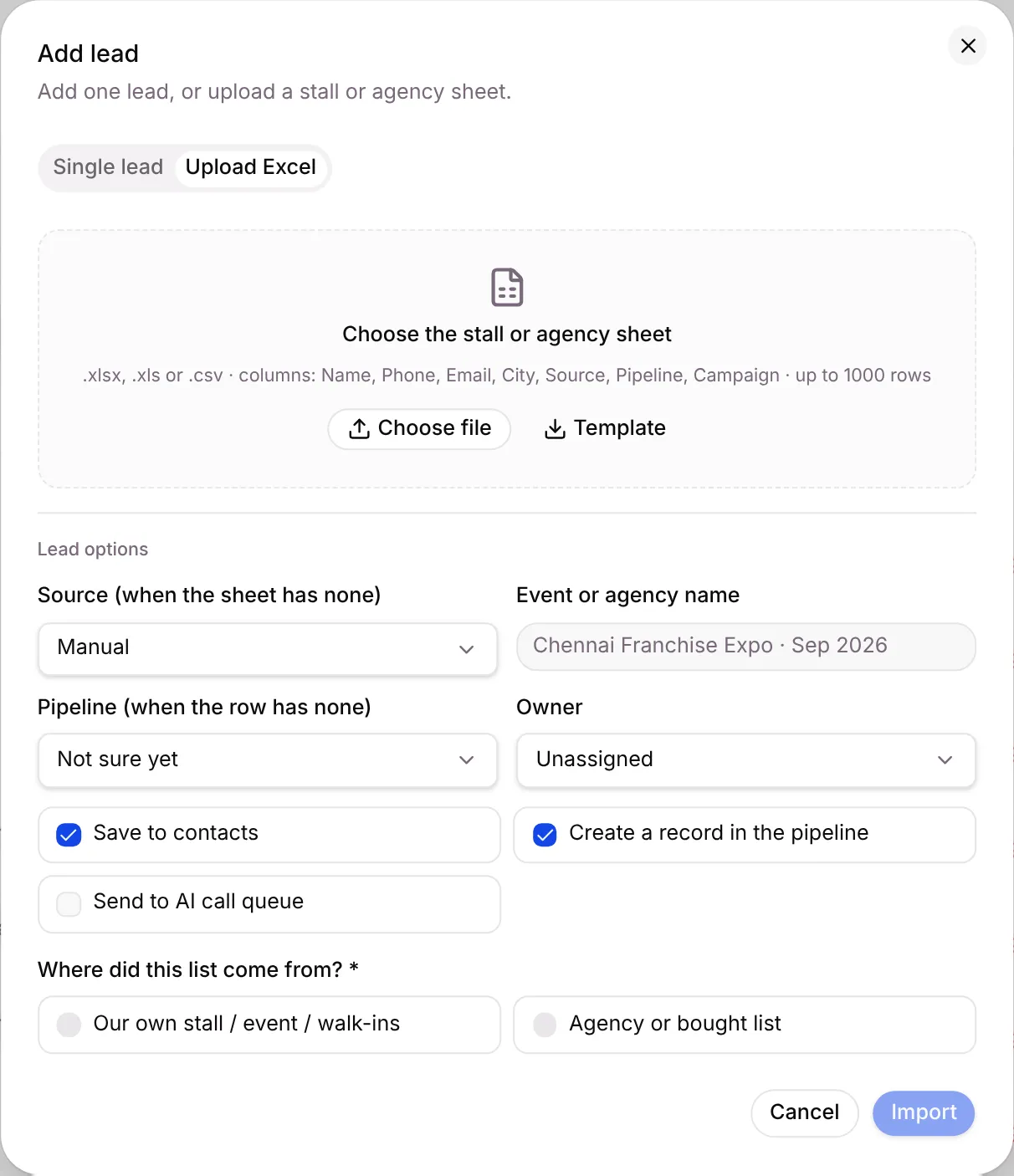 The Upload Excel tab with the sheet picker and lead options