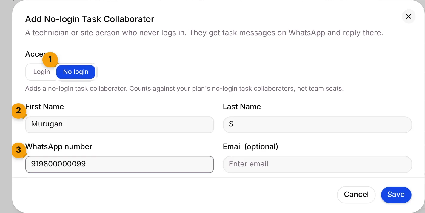 The Add No-login Task Collaborator form with No login selected, first name and WhatsApp number