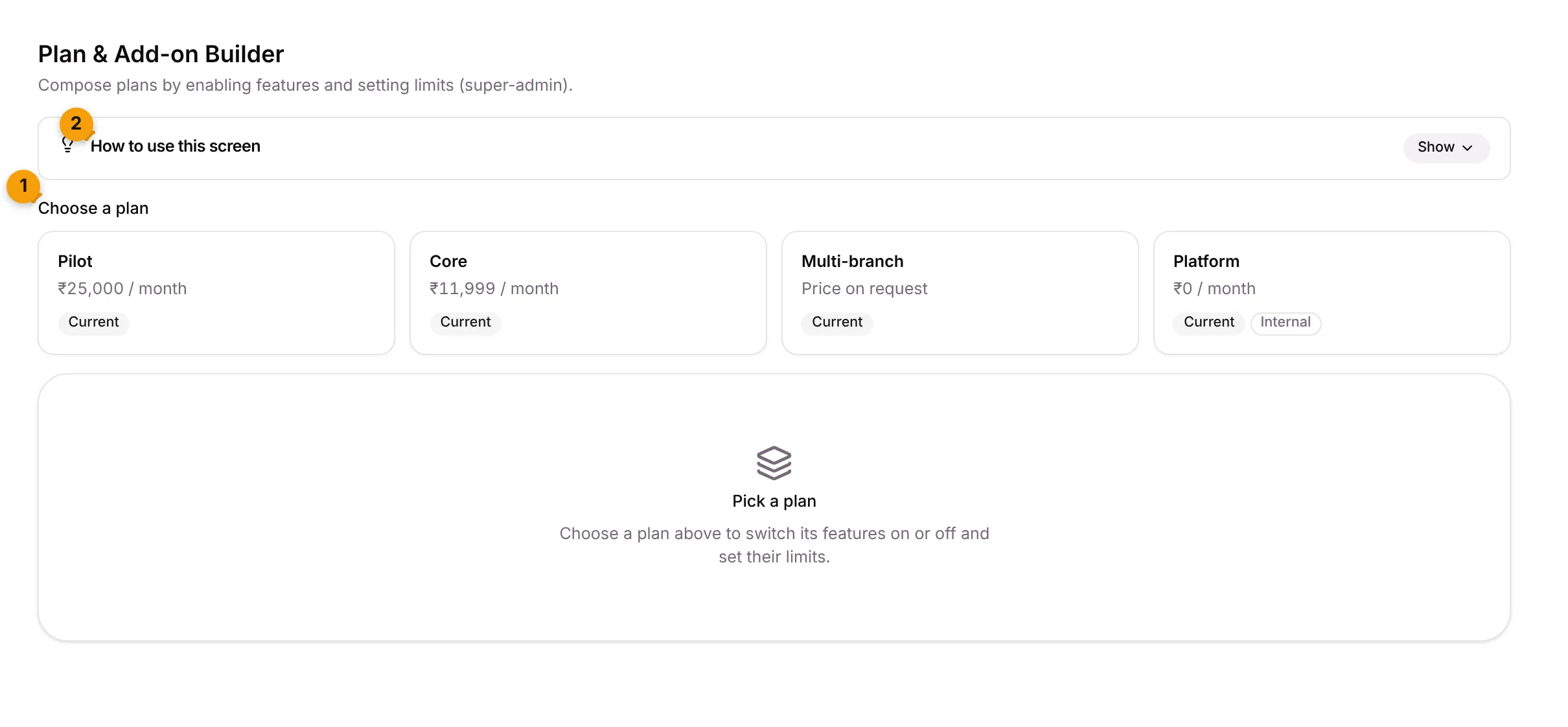 The Plan & Add-on Builder before a plan is picked