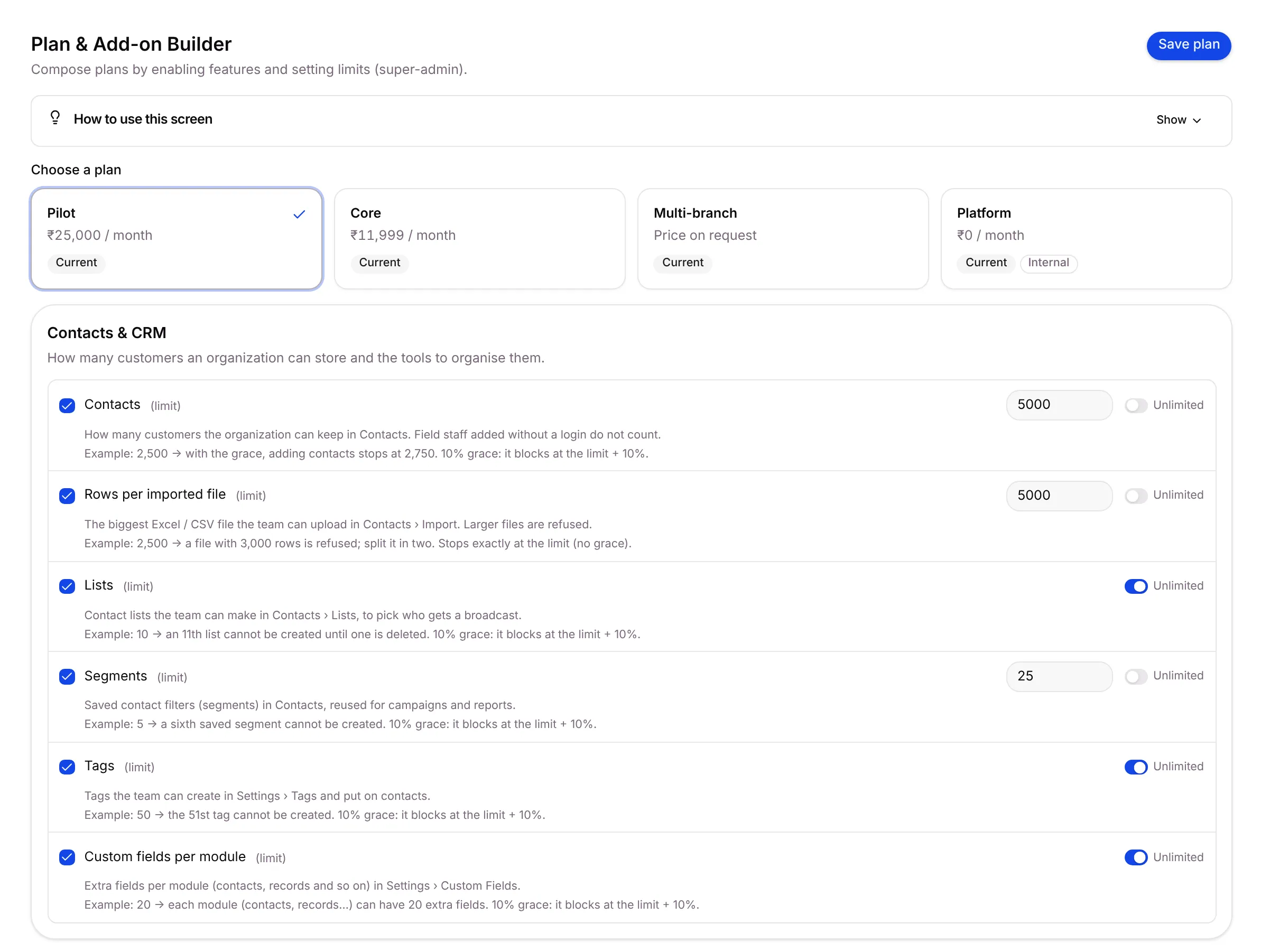 The Pilot plan’s Contacts & CRM features with their limits