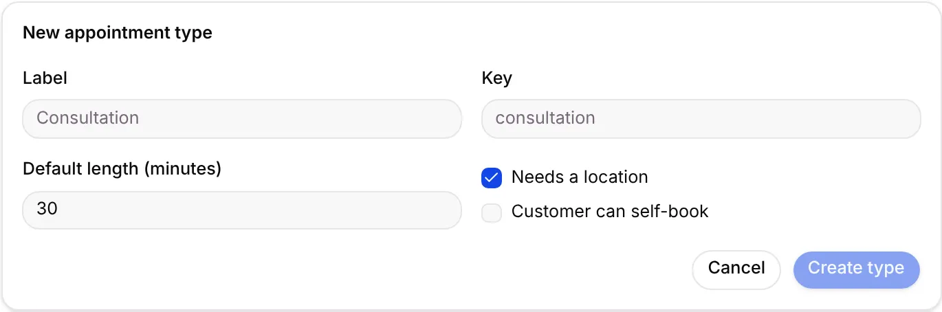 The New appointment type form
