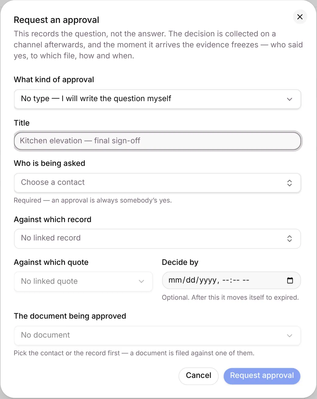 The Request an approval dialog