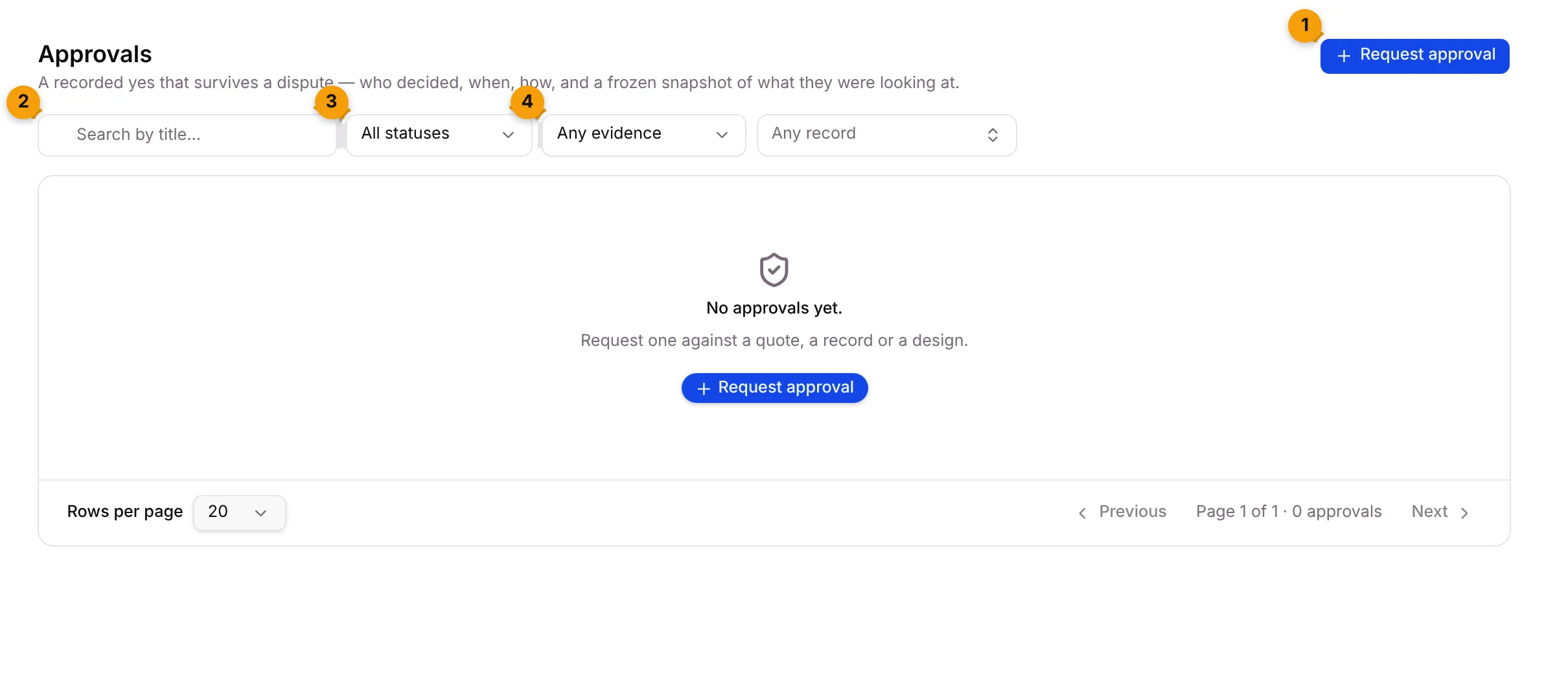 The Approvals page with Request approval and the filters