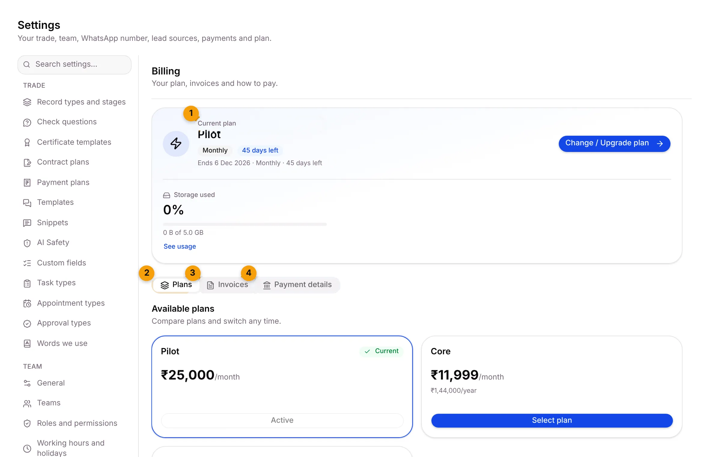 The Billing tab with the Current plan card and the Plans tab