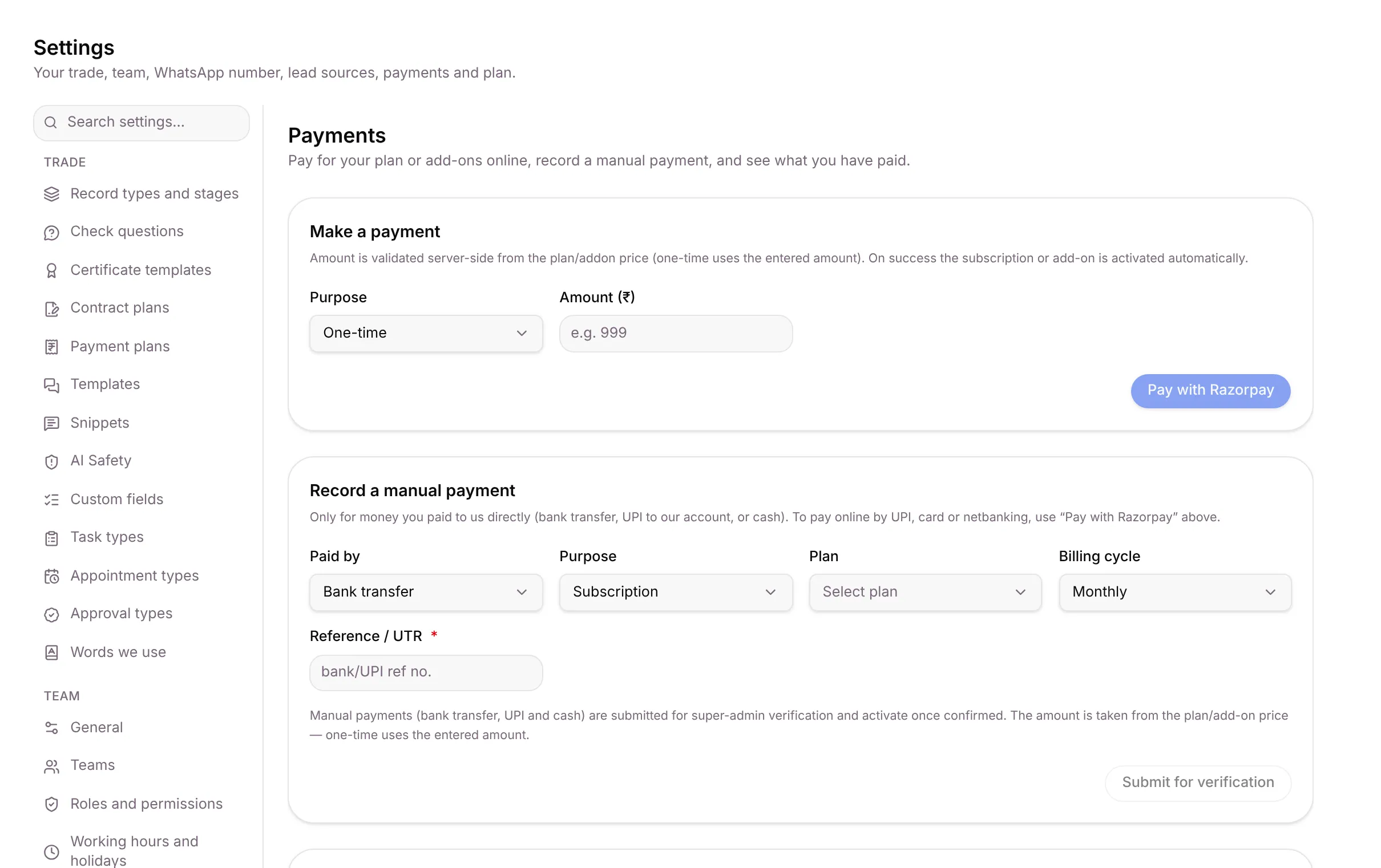 The Plan payments tab with Make a payment and Record a manual payment