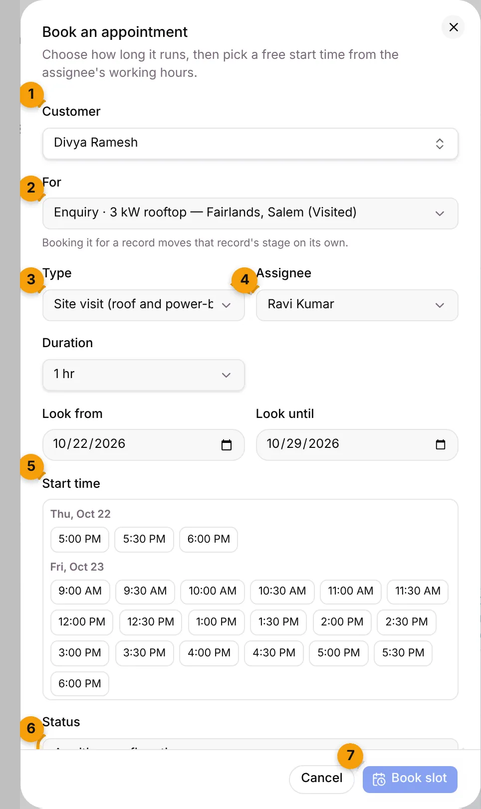 The Book an appointment dialog for Divya Ramesh with type, assignee, free start times and status