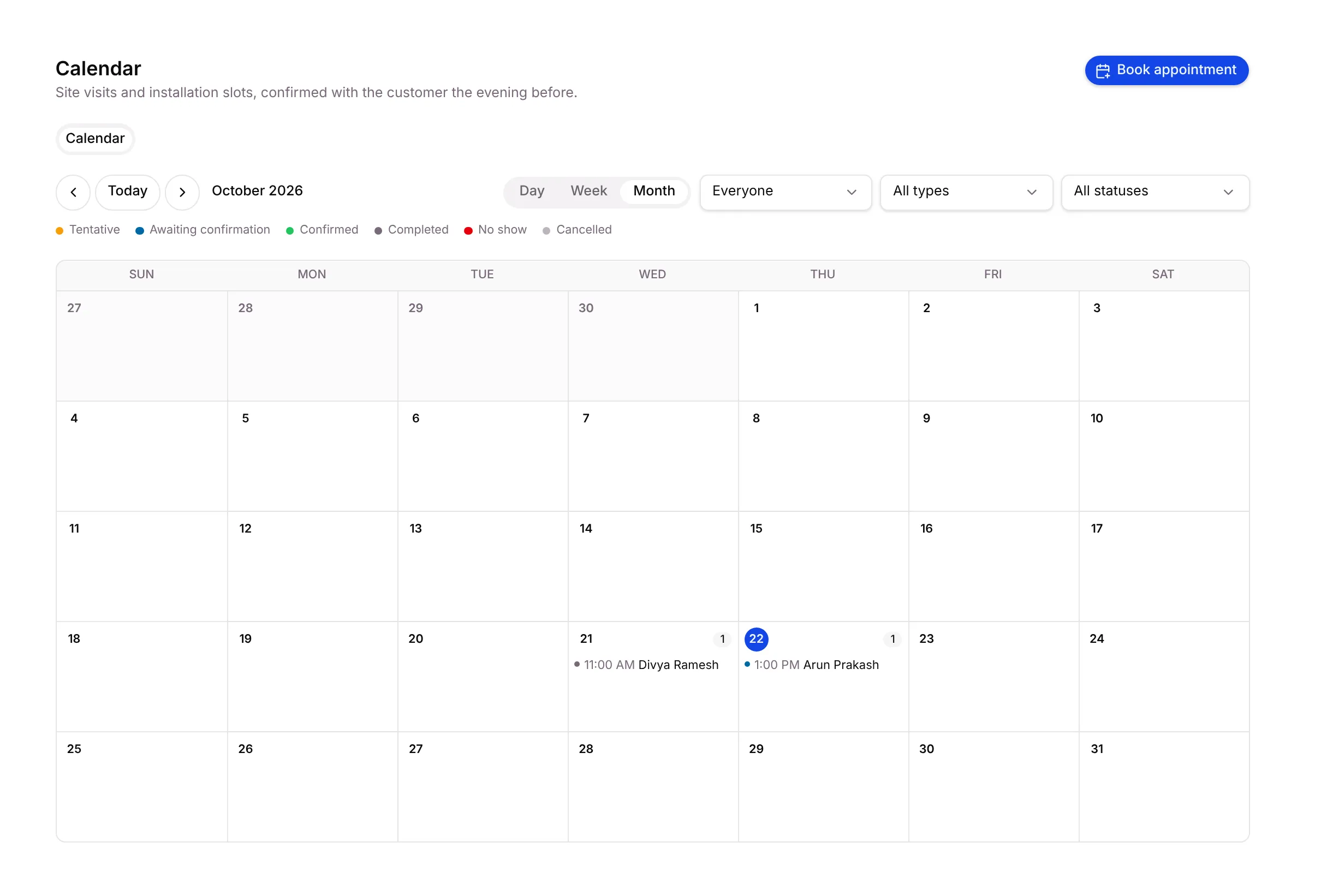 The Calendar in Month view with two appointments in October