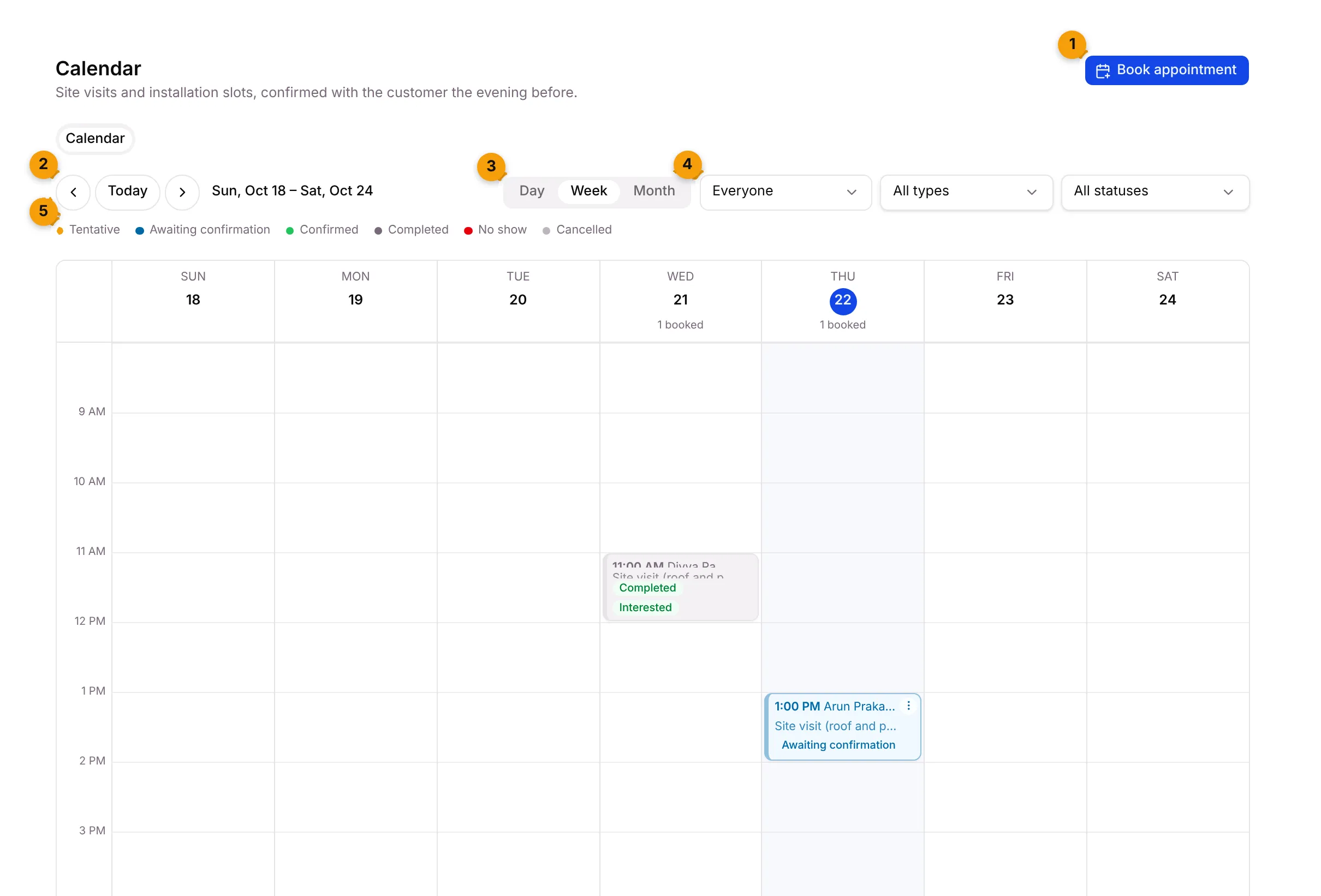 The Calendar in Week view with Book appointment, navigation, views, filters and the status colours