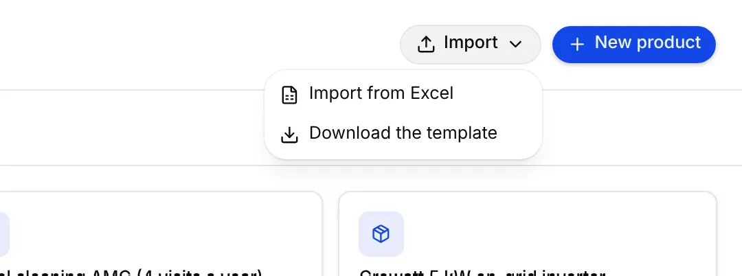 The Import menu with Import from Excel and Download the template