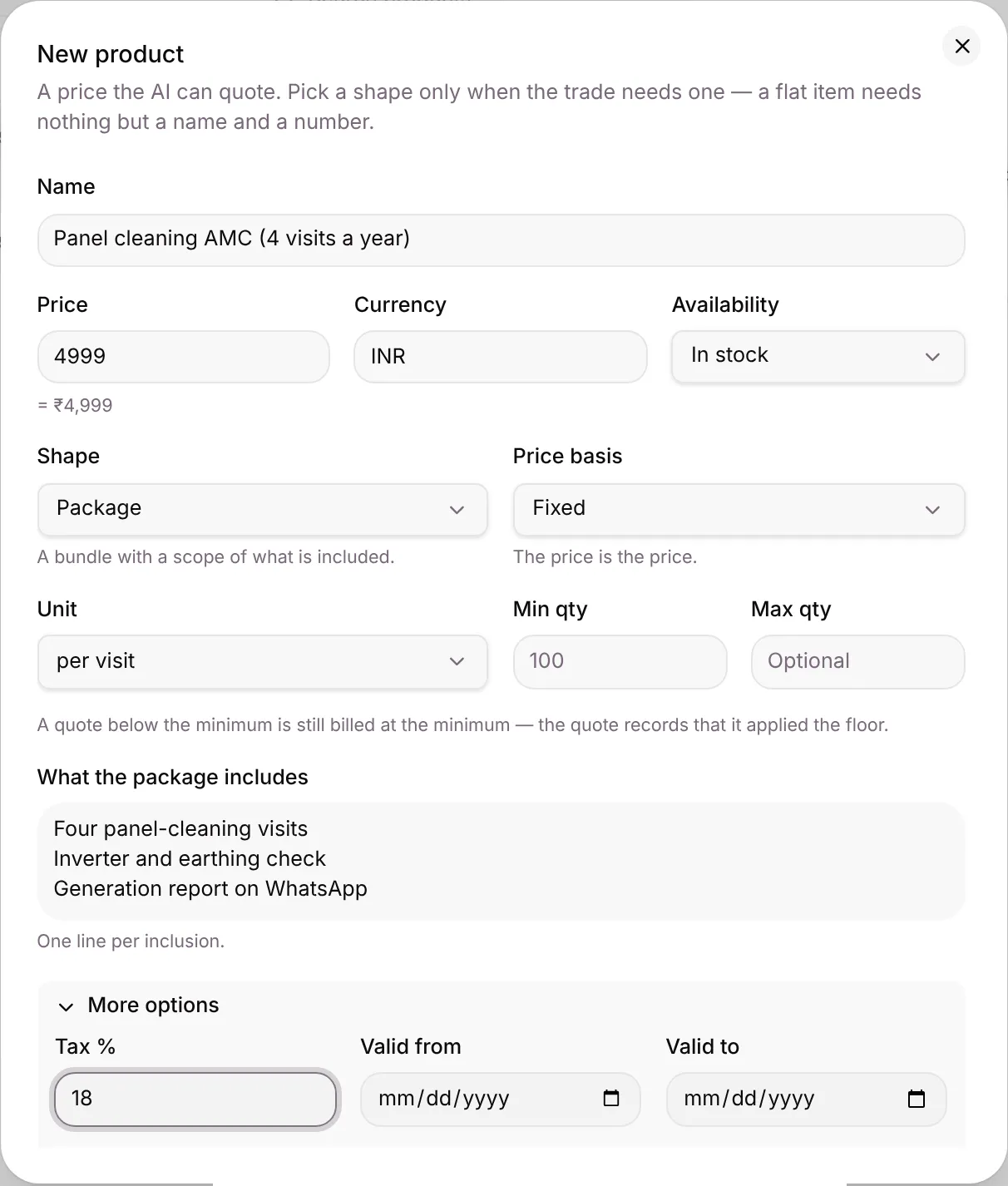 The New product dialog for a panel-cleaning AMC package