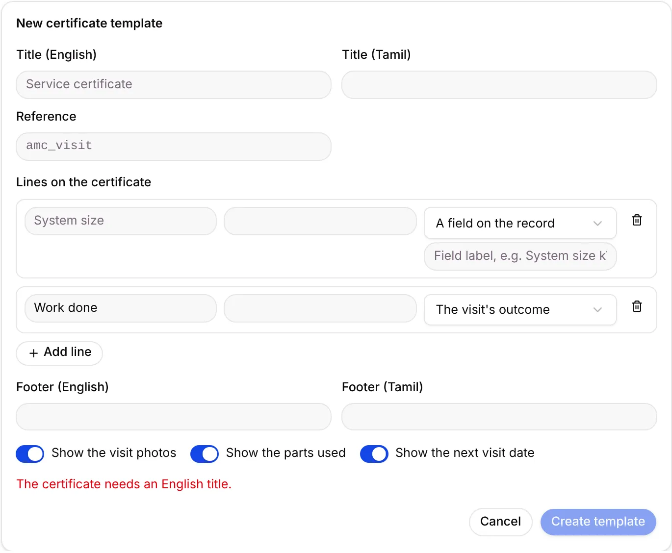 The New certificate template form