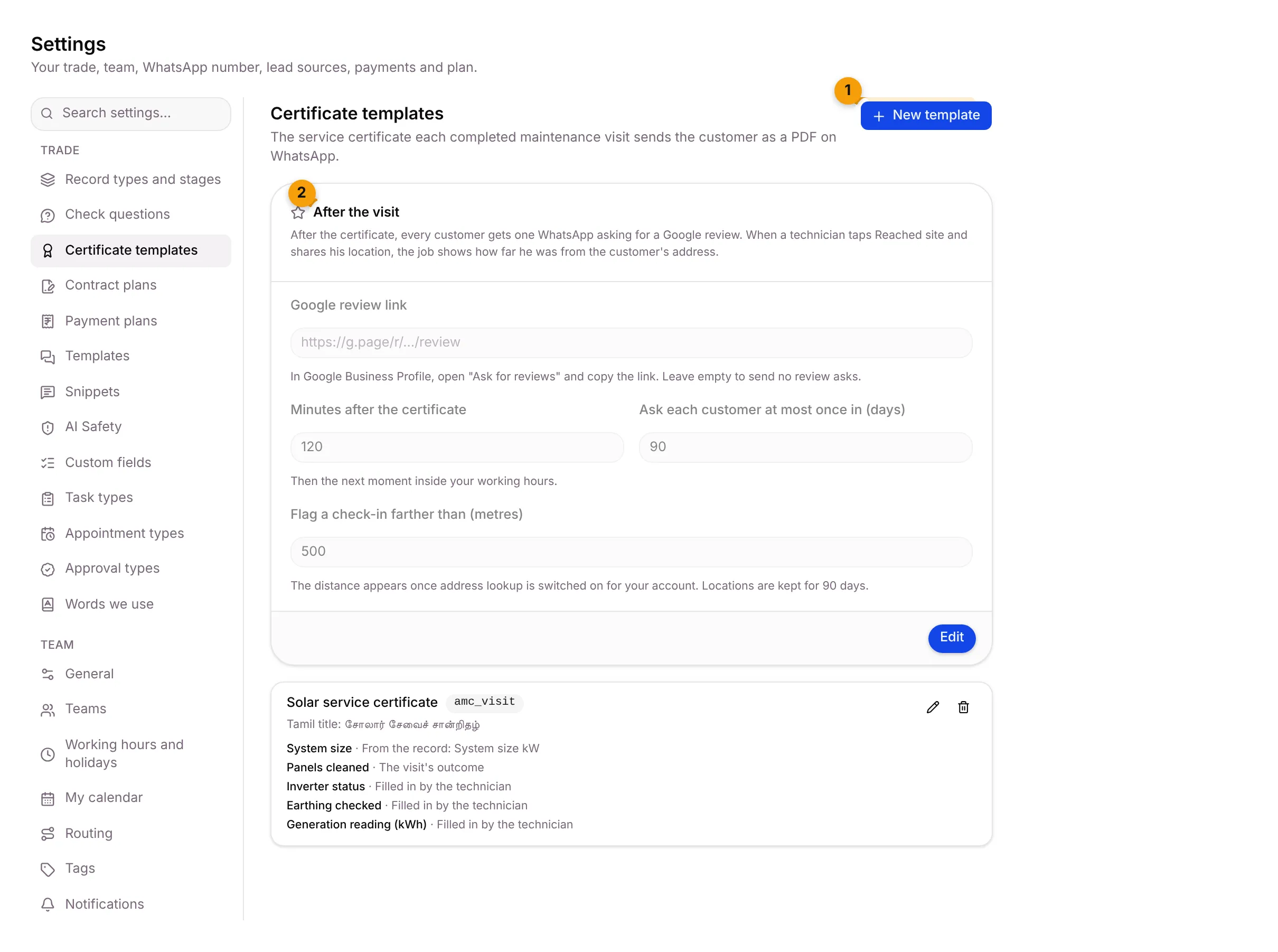 The Certificate templates tab with the After the visit card and the Solar service certificate