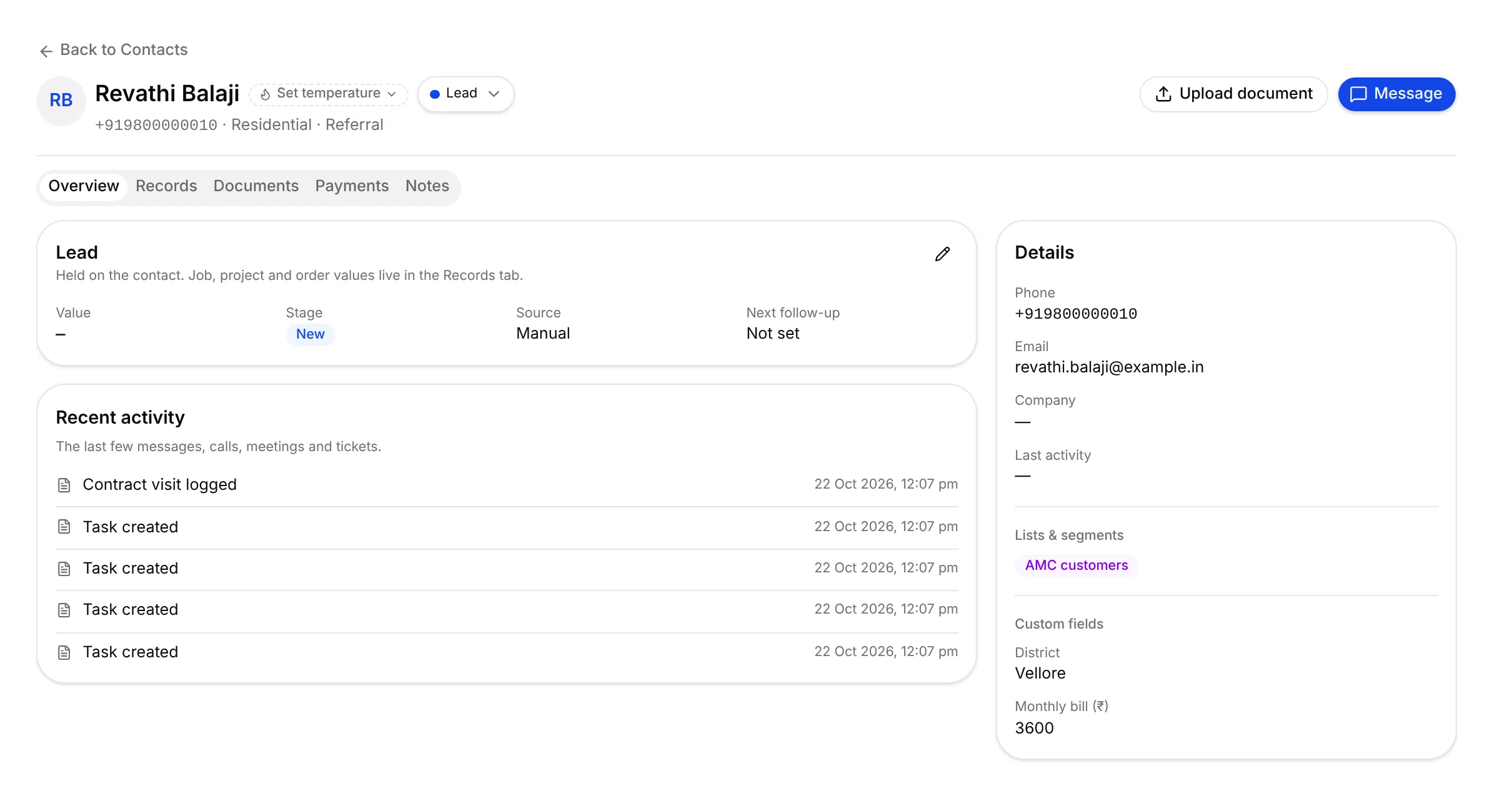 Revathi Balaji’s client record, on the Overview tab