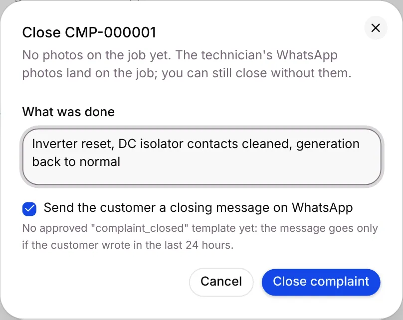 The Close CMP-000001 dialog with the report filled in and the closing message ticked