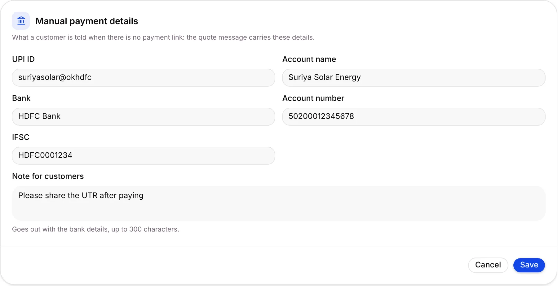 The Manual payment details card in edit mode