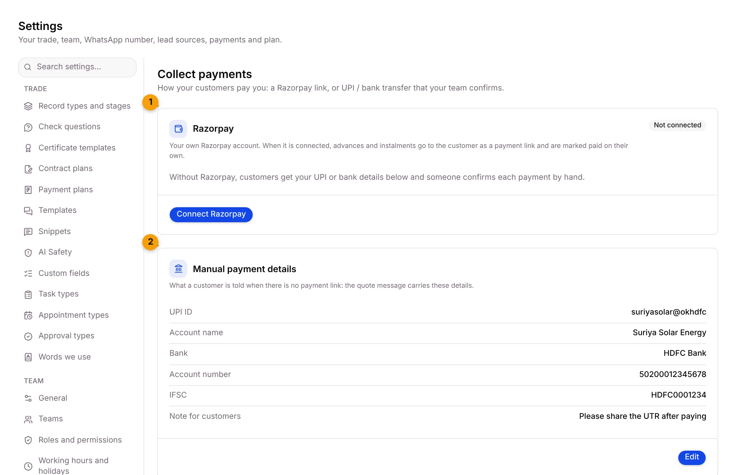 The Collect payments tab with the Razorpay and Manual payment details cards