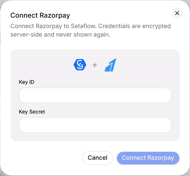The Connect Razorpay dialog with Key ID and Key Secret