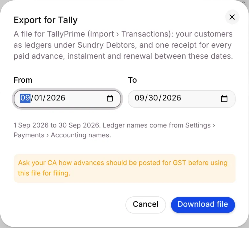 The Export for Tally dialog with From and To dates