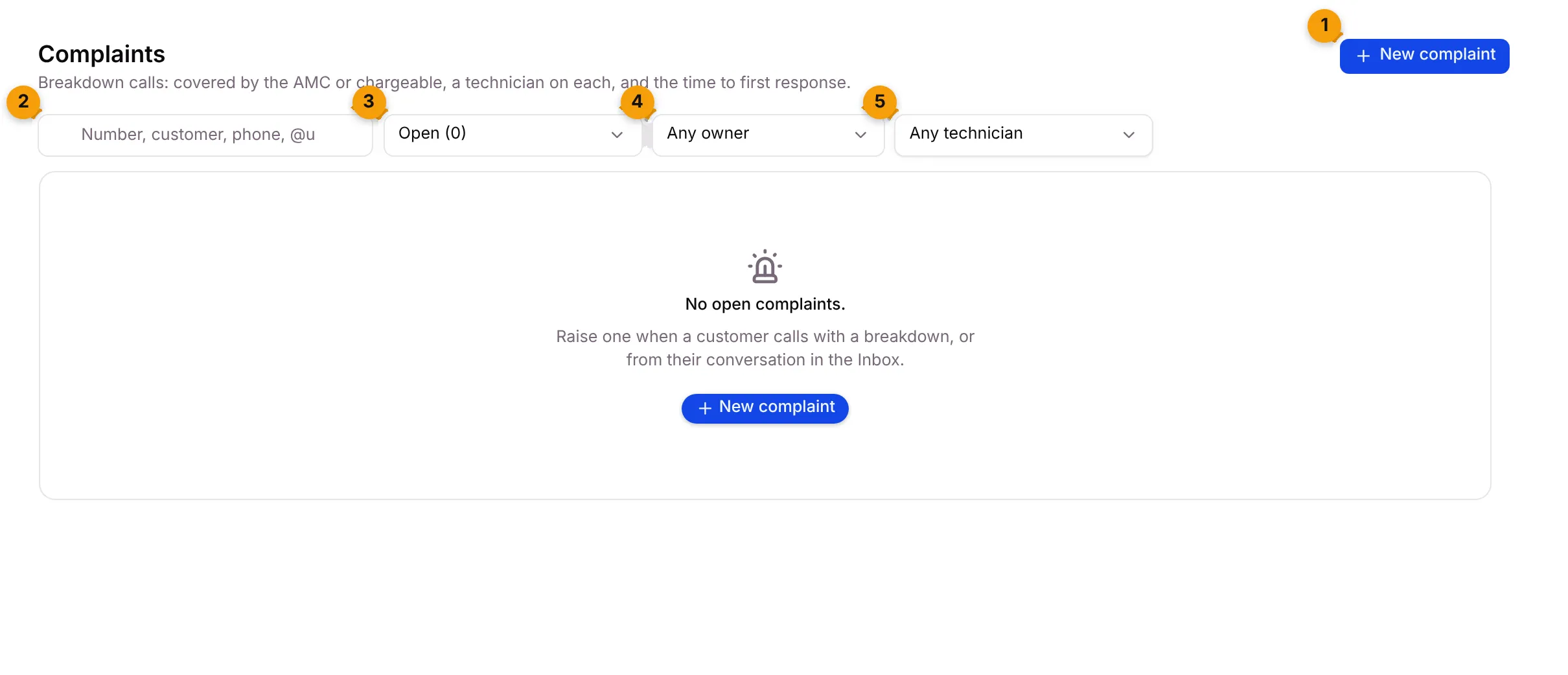 The search box, Show filter, Any owner and Any technician filters above an empty list
