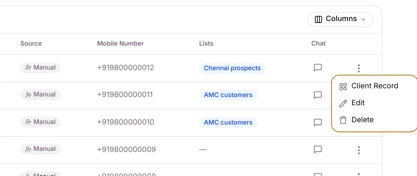 The row menu with Client Record, Edit and Delete