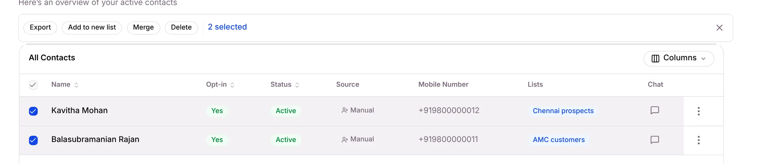 Two contacts selected, with Export, Add to new list, Merge and Delete