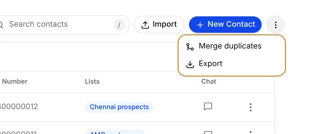 More contact actions: Merge duplicates and Export
