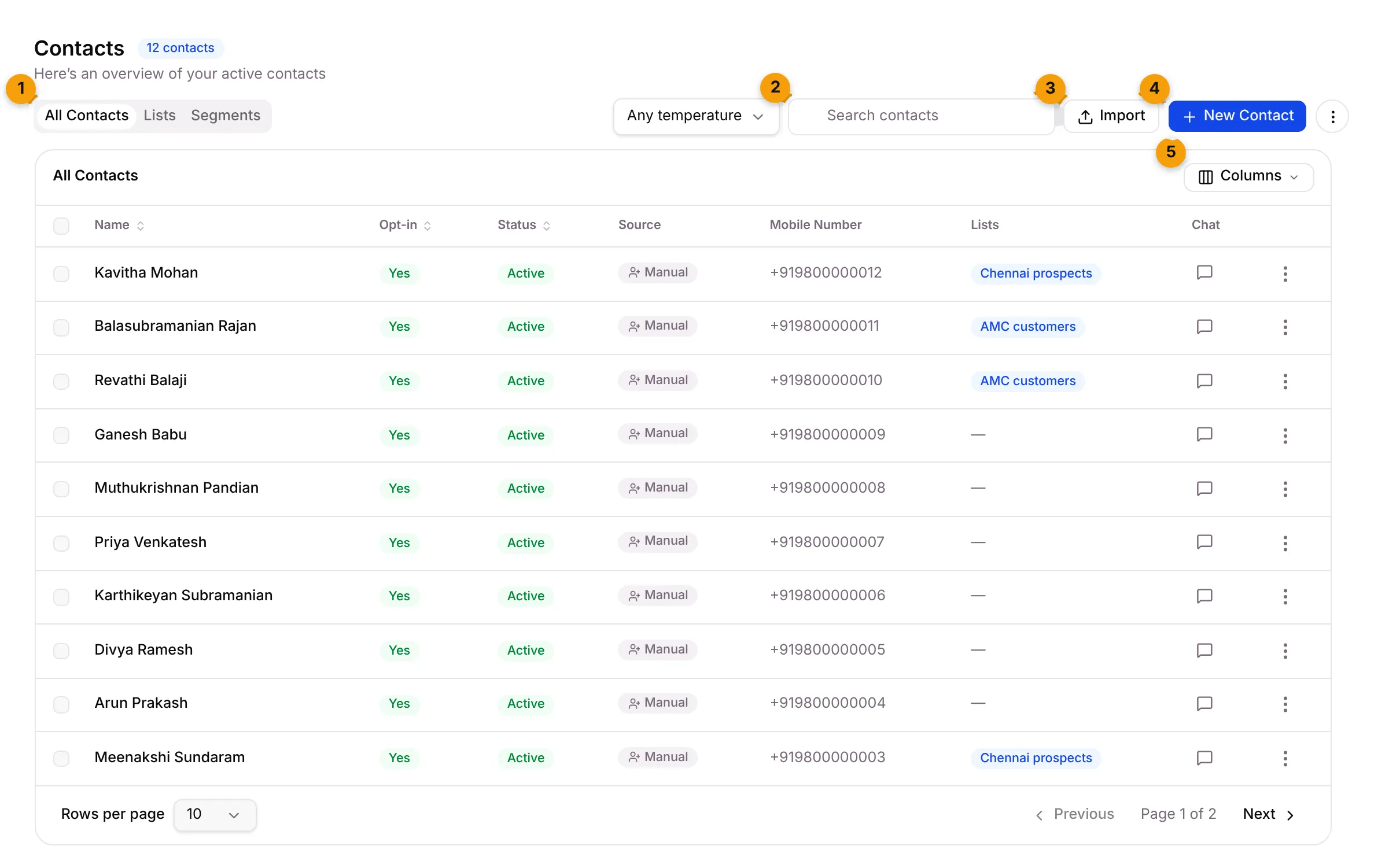 The Contacts page with its three tabs, search, Import and New Contact buttons