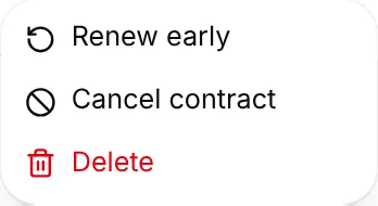 The contract actions menu with Renew early, Cancel contract and Delete