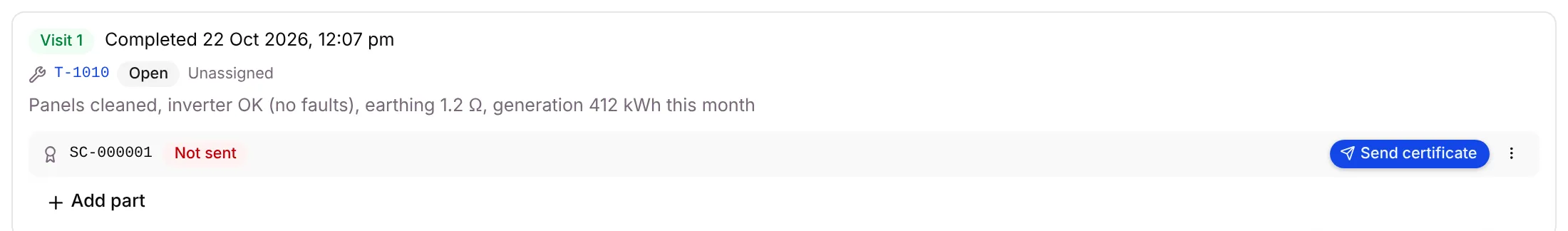 Visit 1 on the contract page, with certificate SC-000001 marked Not sent and the Send certificate button