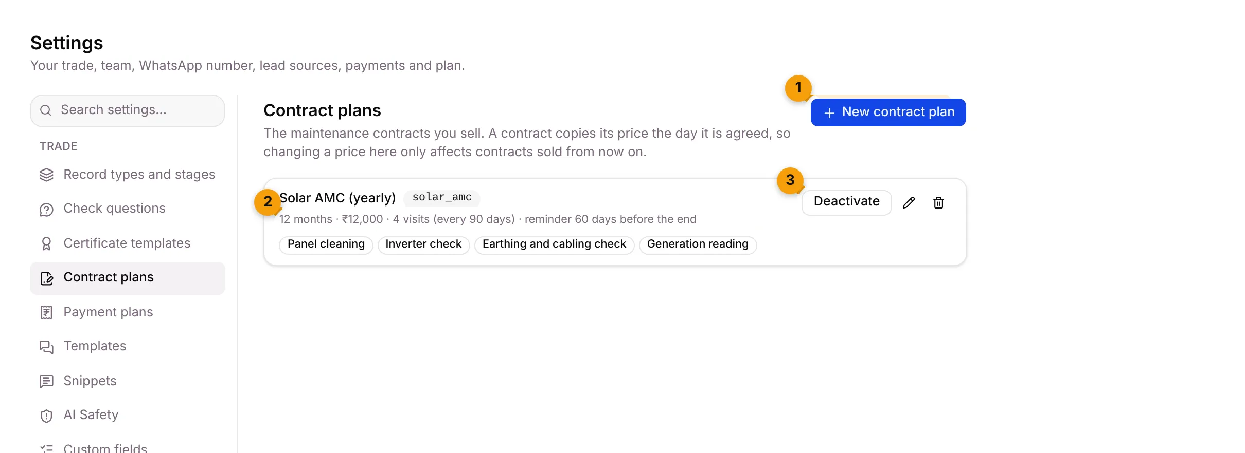 The Contract plans tab with Suriya Solar’s Solar AMC (yearly)