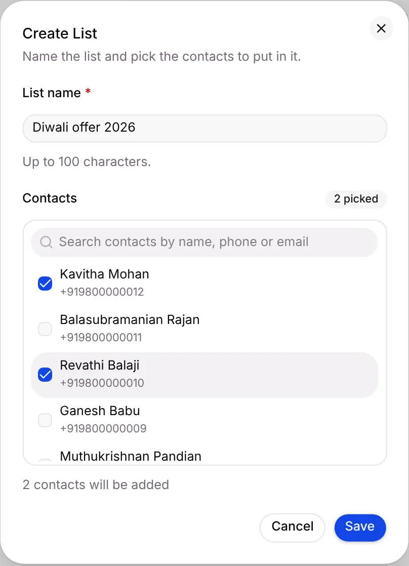 The Create List dialog with two contacts picked