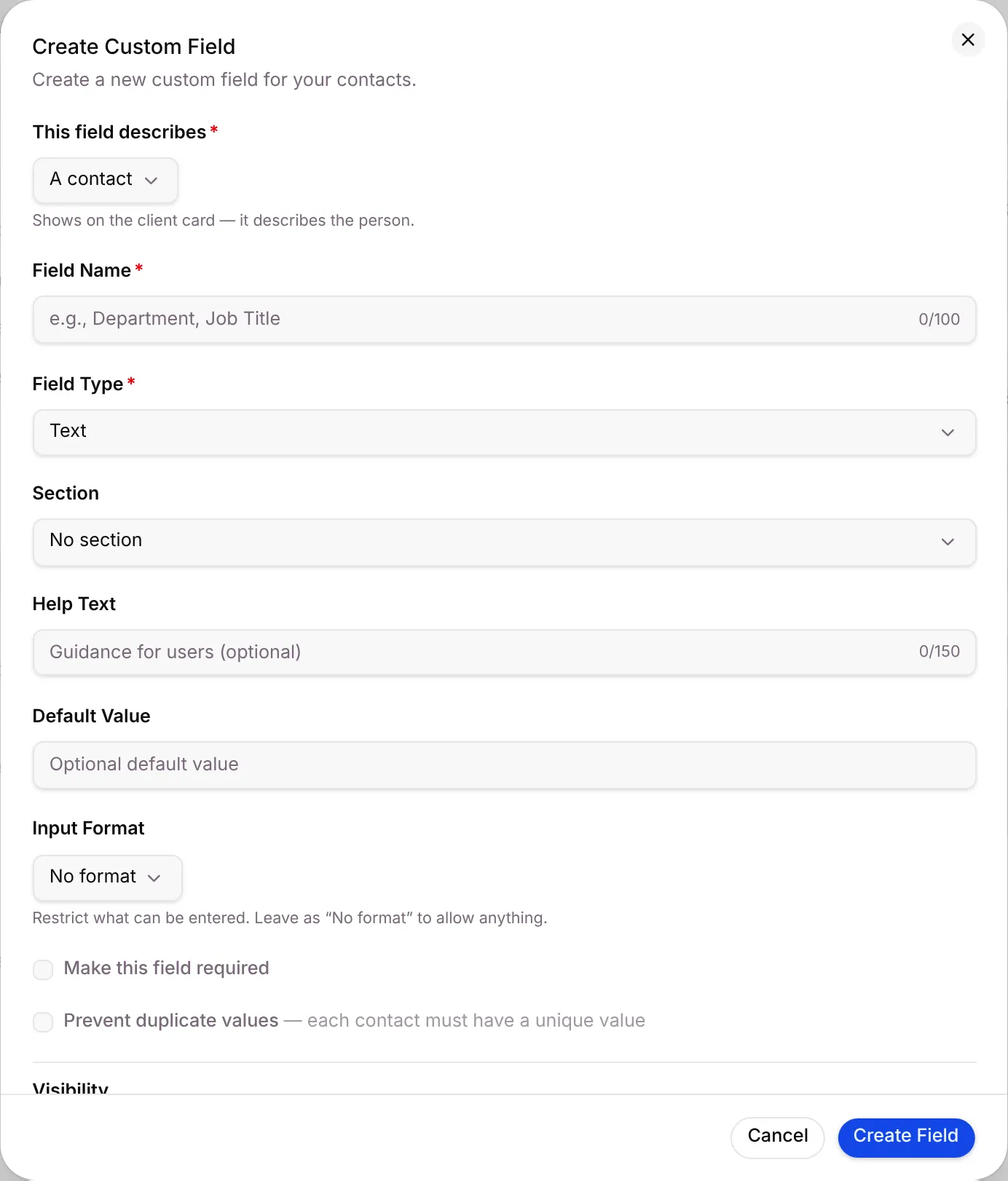 The Create Custom Field dialog