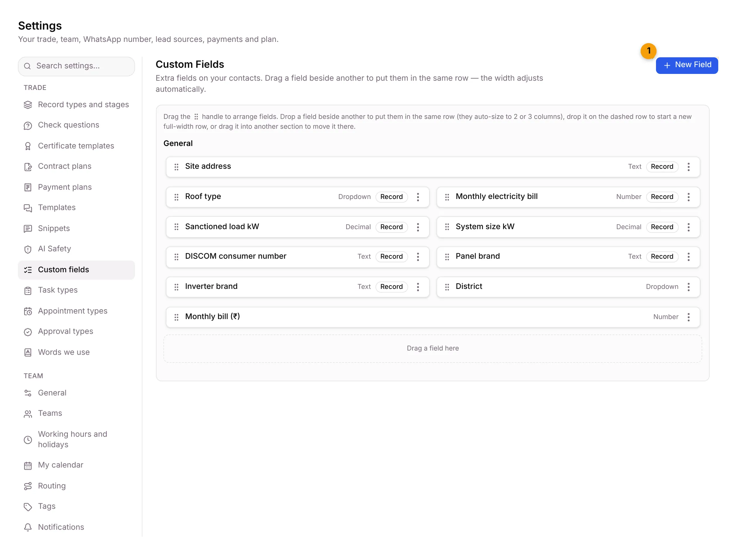 The Custom Fields tab with Suriya Solar’s fields