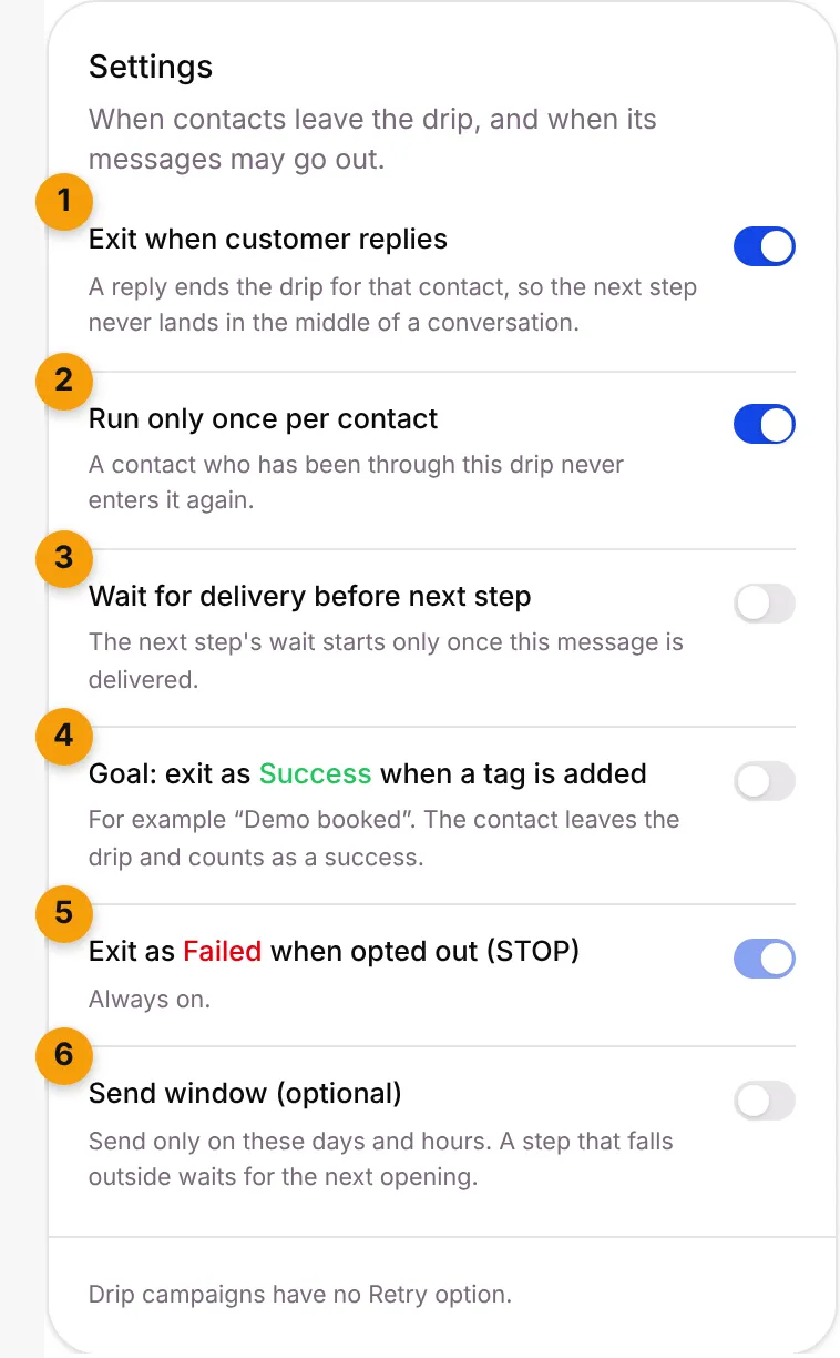 The drip Settings card with its exit and timing options