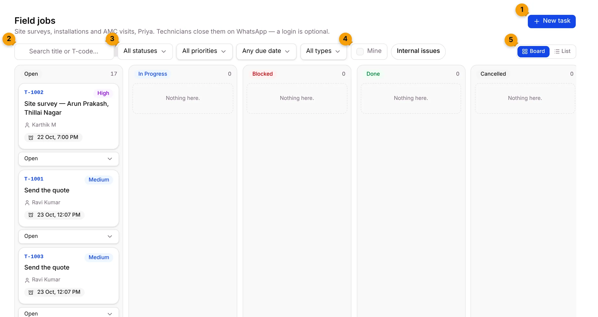 The Field jobs screen in Board view, with the New task button, search, filters, Mine and the Board / List switch