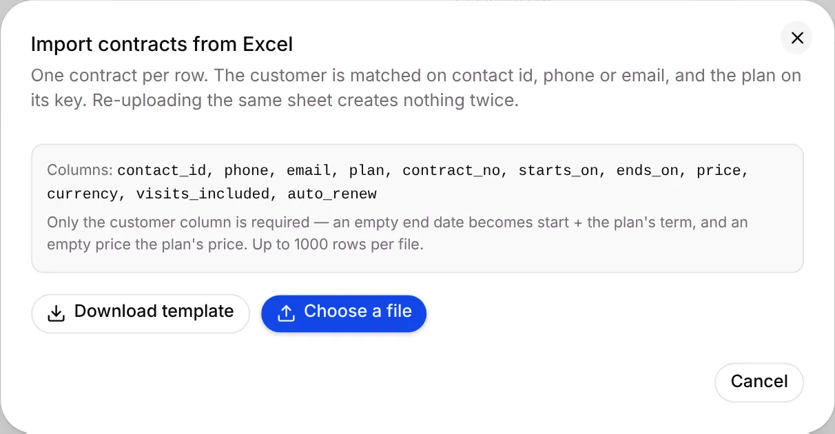 The Import contracts from Excel dialog with the column list, Download template and Choose a file
