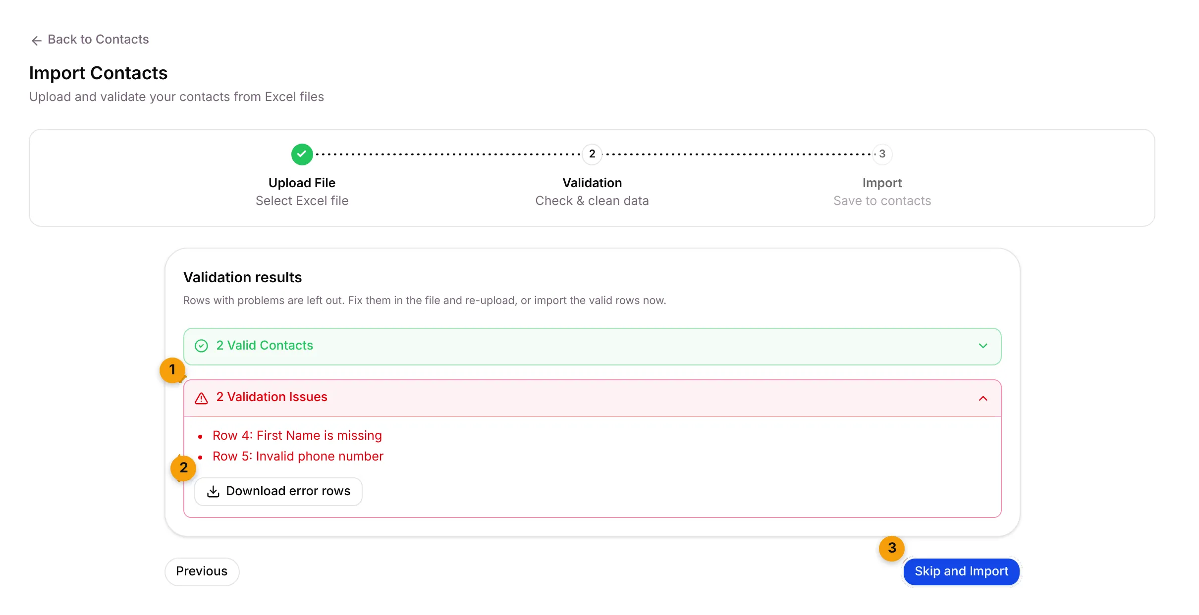 Validation results: 2 valid contacts and 2 issues