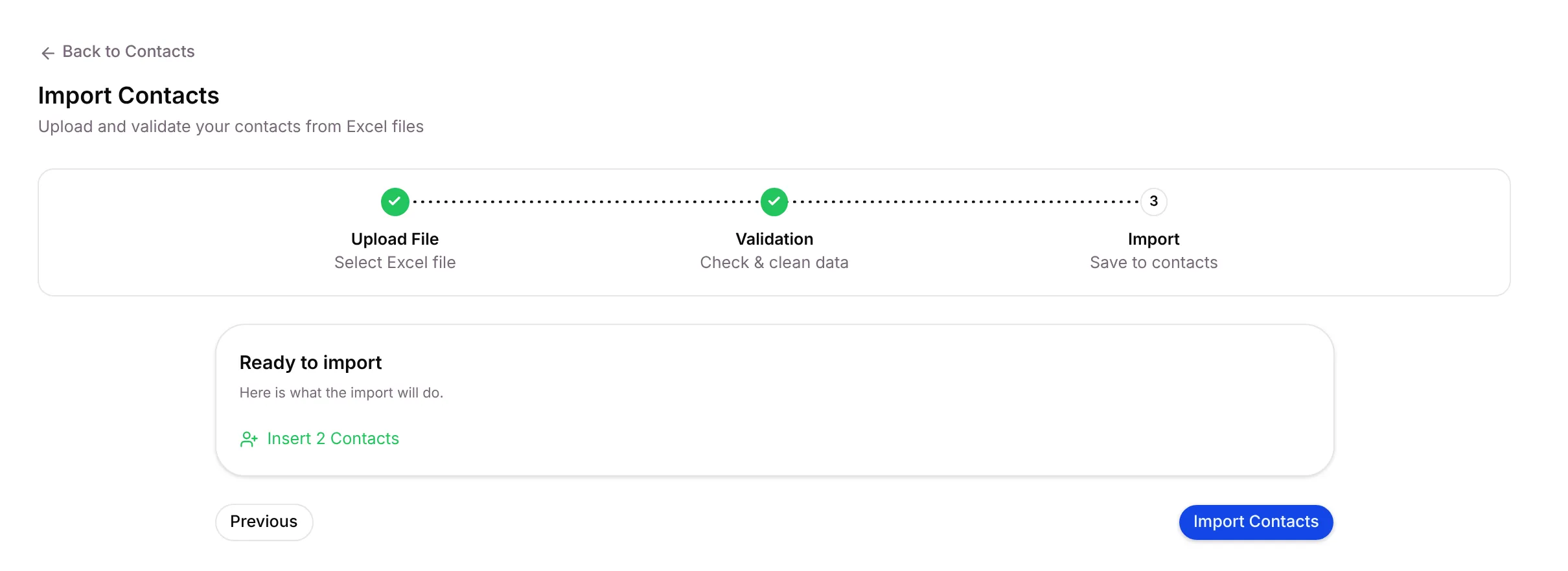 Ready to import: Insert 2 Contacts