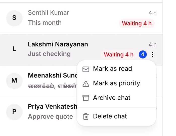 The chat row menu: Mark as read, Mark as priority, Archive chat, Delete chat