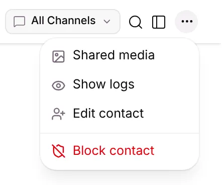 More conversation actions: Shared media, Show logs, Edit contact, Block contact