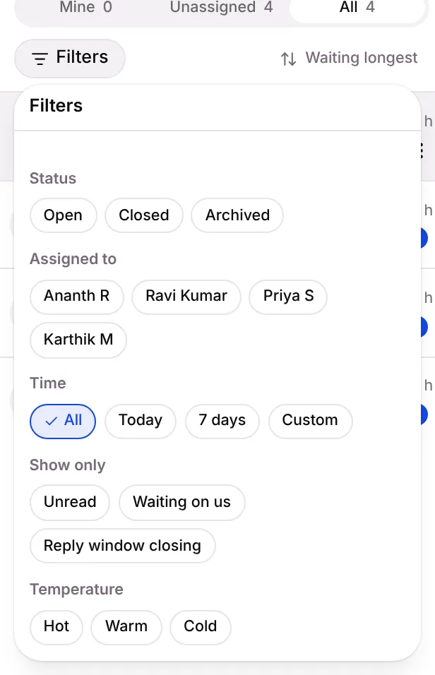 The Filters panel: Status, Assigned to, Time, Show only and Temperature