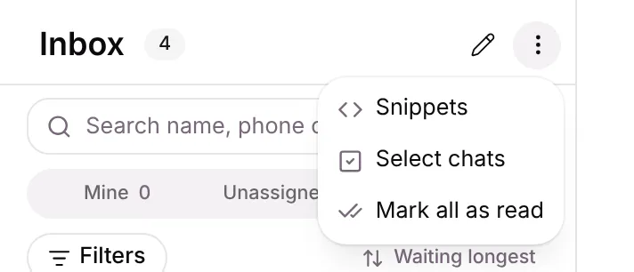The list menu: Snippets, Select chats, Mark all as read