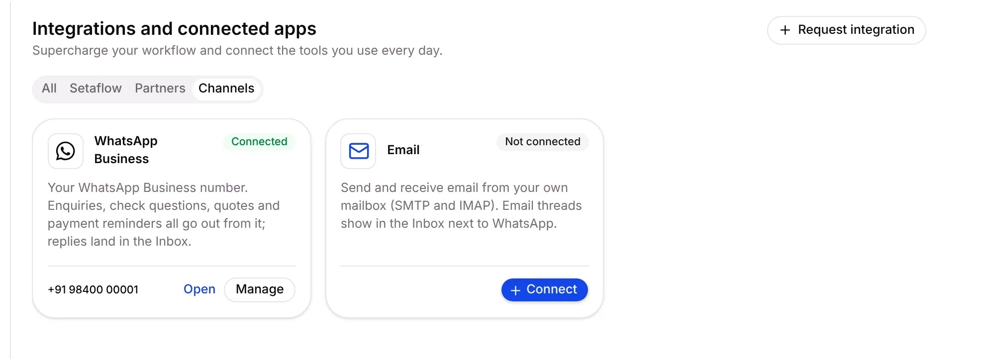 The Channels filter with WhatsApp Business connected and Email not connected