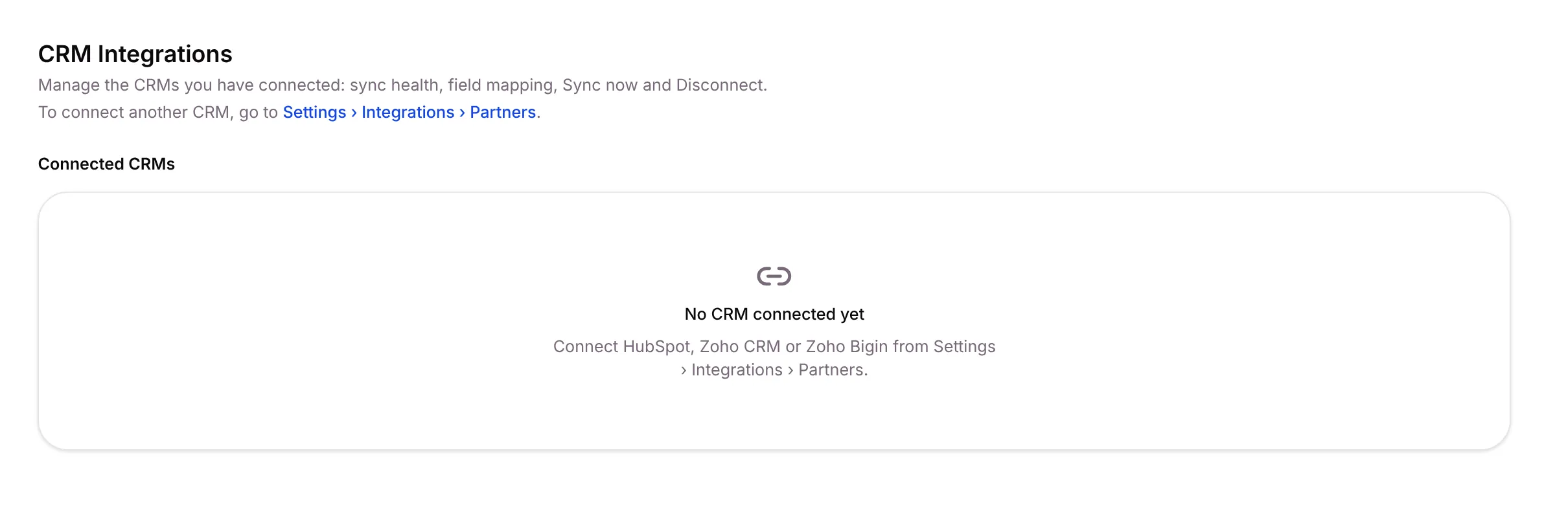 The CRM Integrations page before a CRM is connected