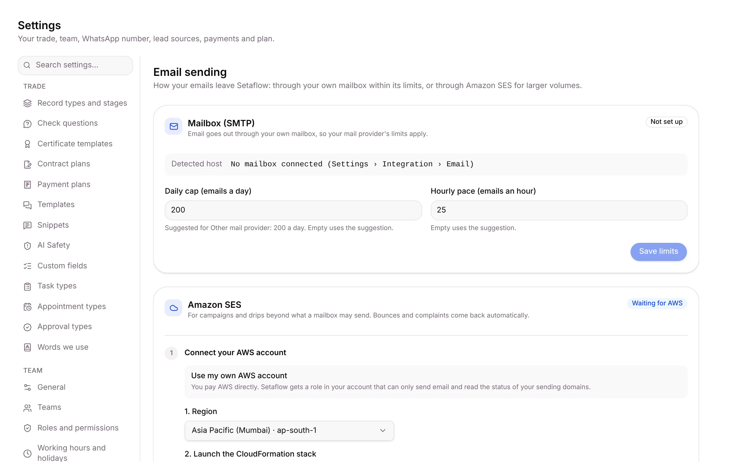 The Email sending tab with the Mailbox (SMTP) and Amazon SES cards