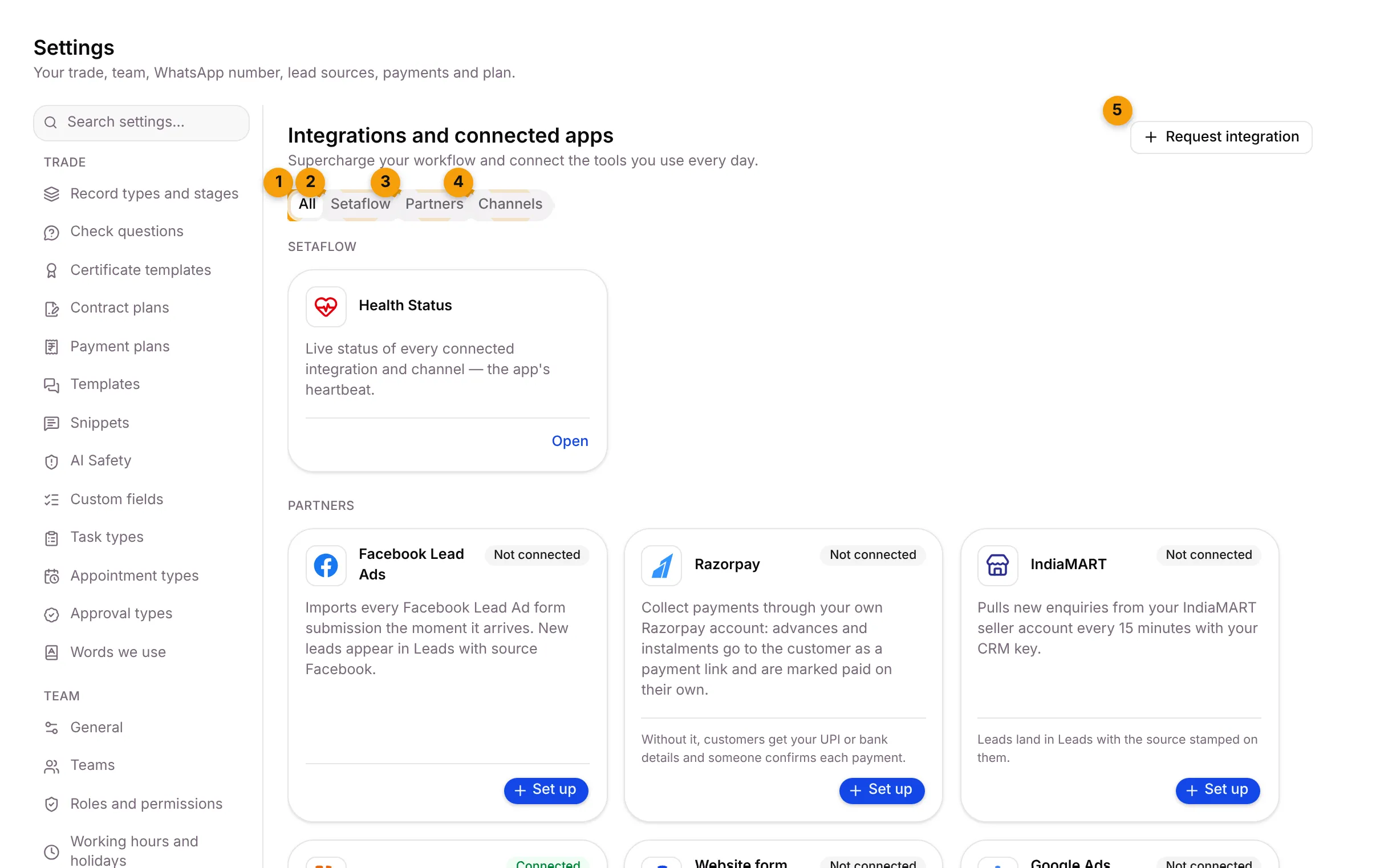 The Integrations page with its filters and the Health Status tile