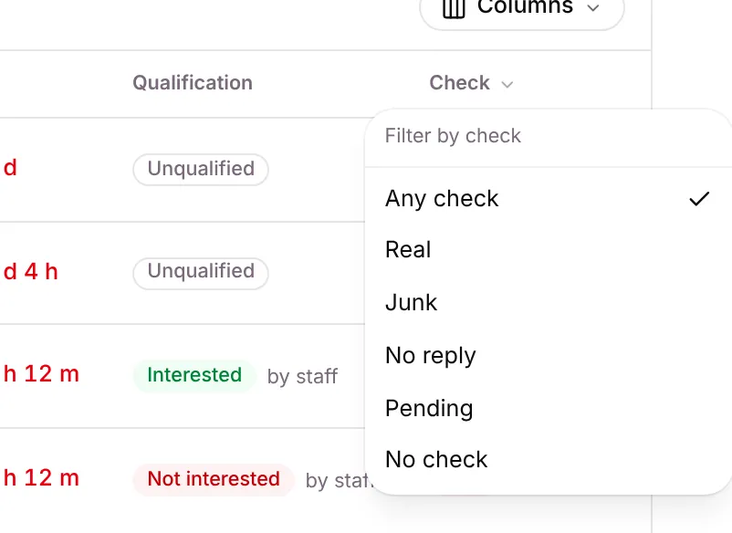 The Check column filter: Any check, Real, Junk, No reply, Pending, No check