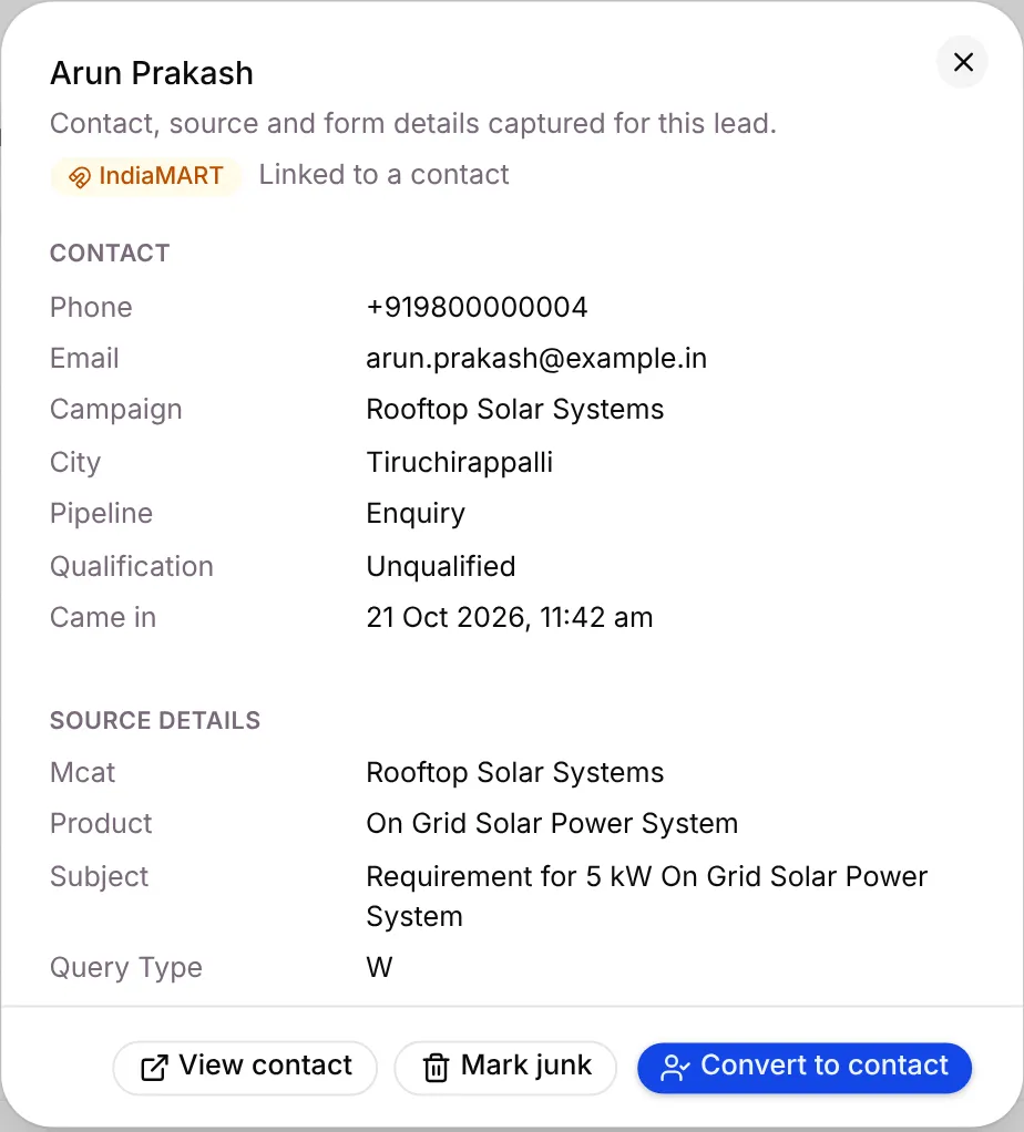 Arun Prakash’s lead details from IndiaMART