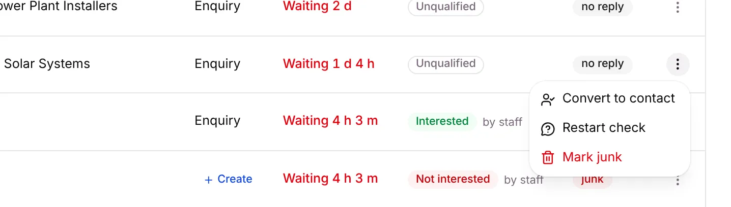 The lead row menu: Convert to contact, Restart check, Mark junk